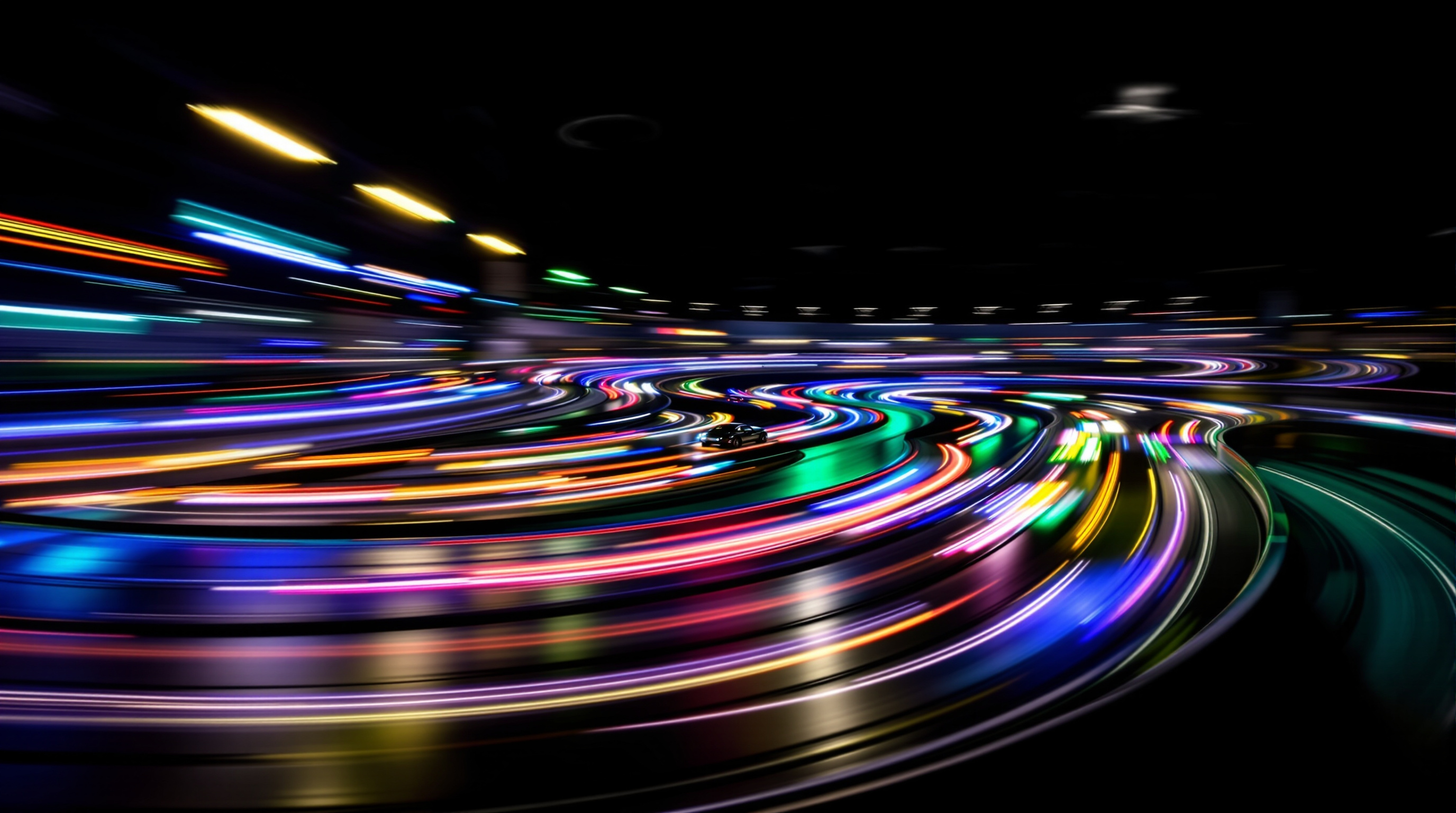 Slot car endurance racing at night with motion blur and dramatic lighting