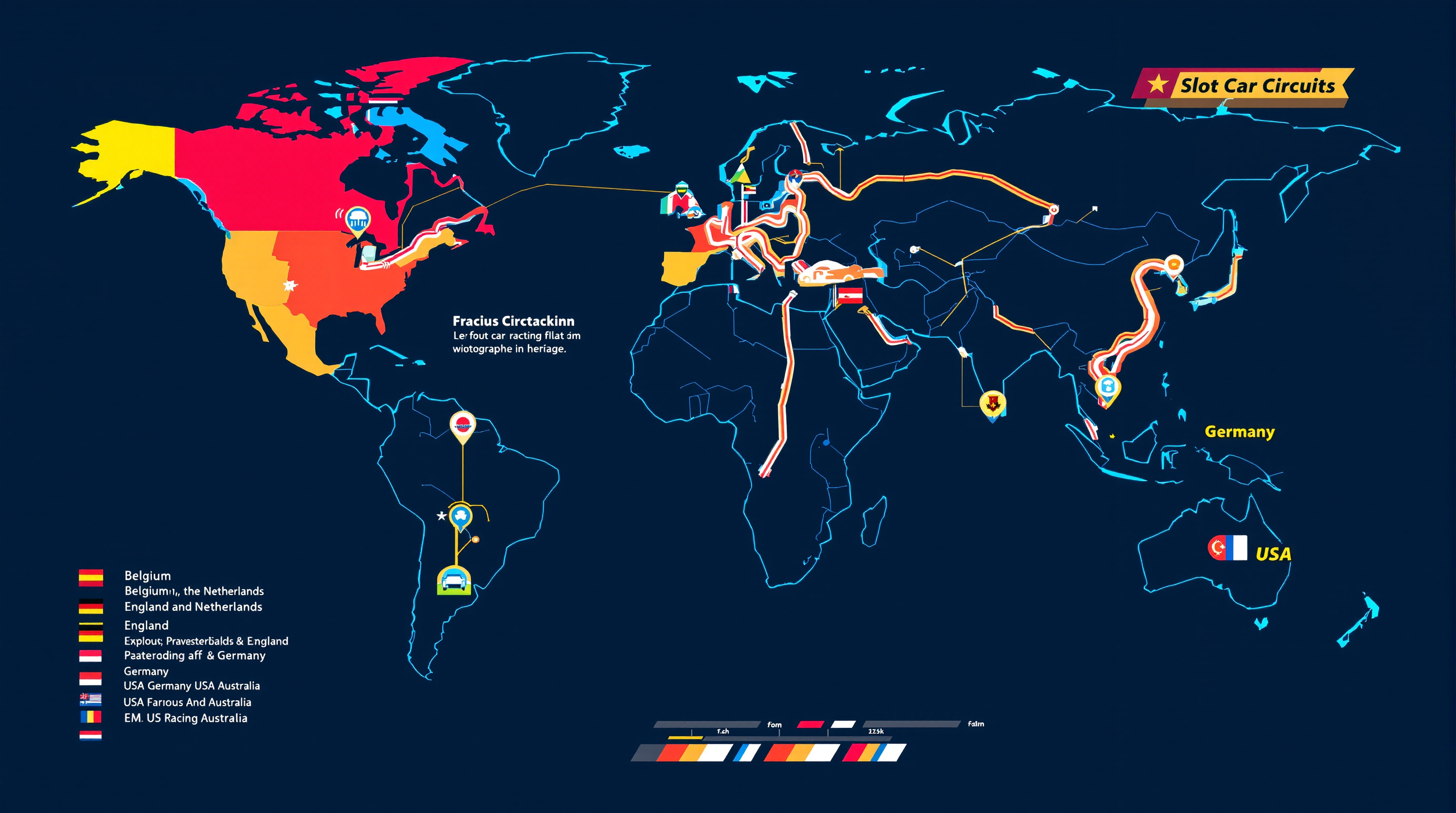 World map showing international IMCA slot car racing event locations