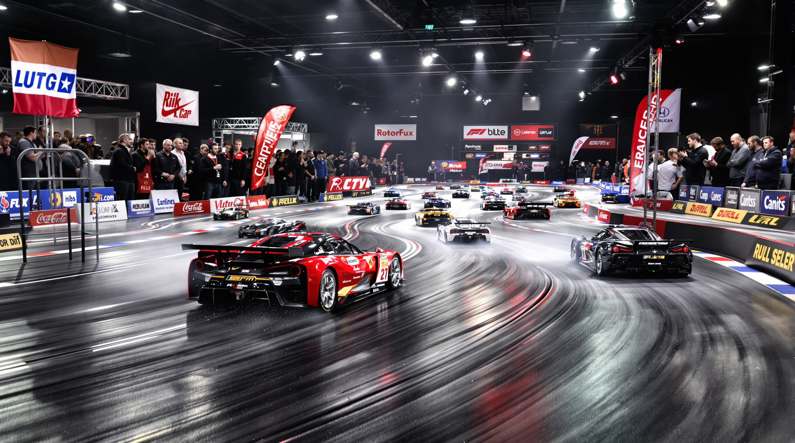 European slot car racing championship with competitors around the track