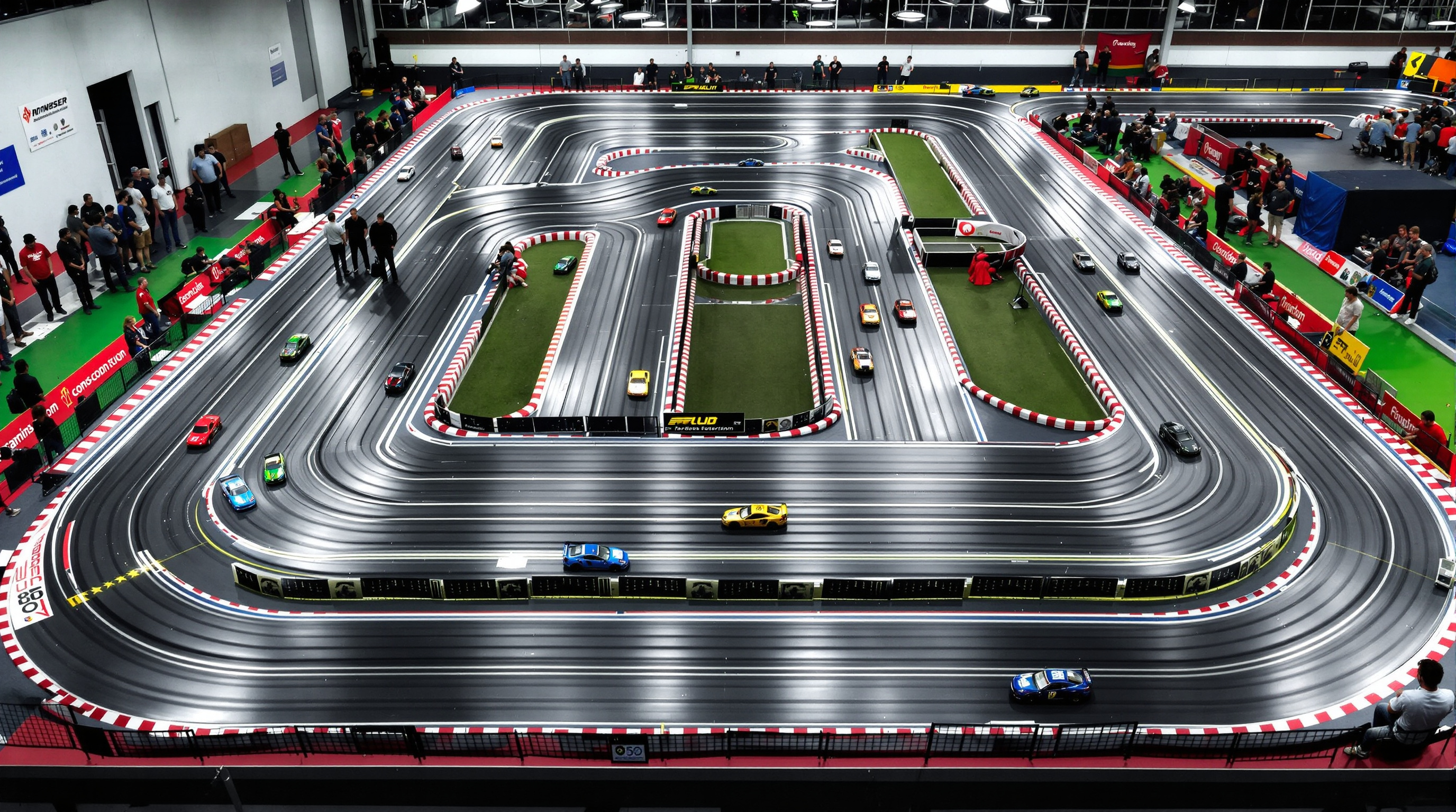 G7 wing cars racing side by side on a routed wooden championship track, controllers visible in foreground