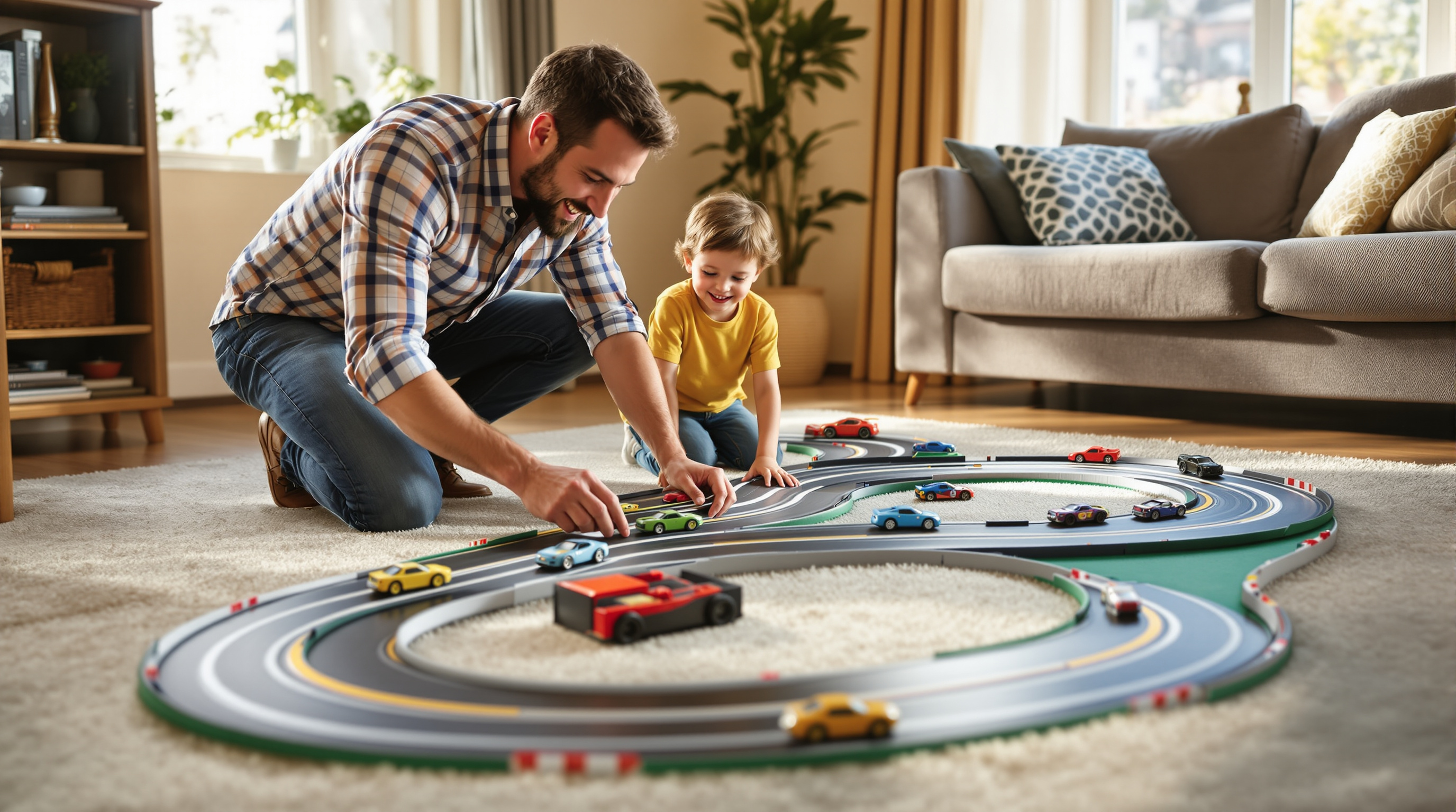 Family setting up slot car racing track for beginner racing
