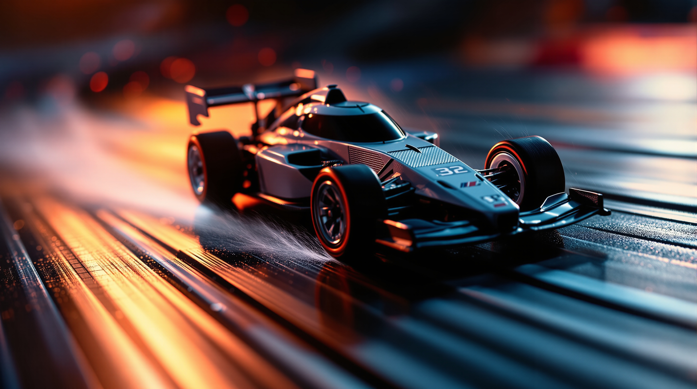 Scale slot car racing at high speed on a professional circuit track