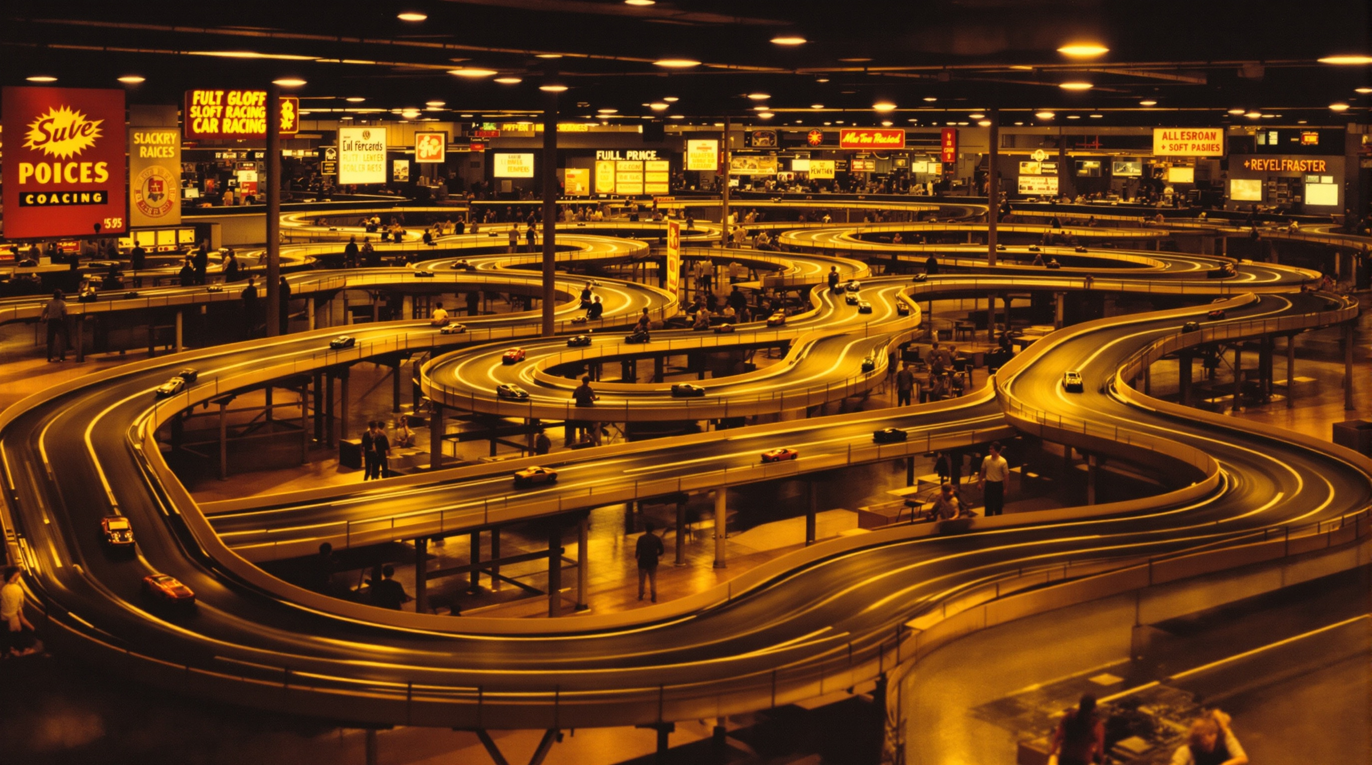 1960s commercial slot car raceway with multiple lanes and period atmosphere